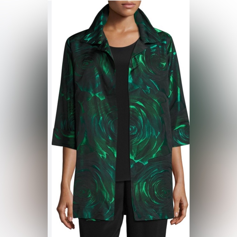 Vintage Caroline Rose Statement Jacket Size L. Green Rose Print.